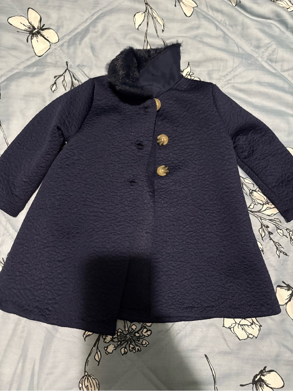 Girls' Navy Quilted Coat with Faux Fur Collar